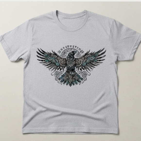 Norse Raven Graphic Tee – Viking Mythology Shirt – Nordic Runes Bird Design - Picture 10 of 14